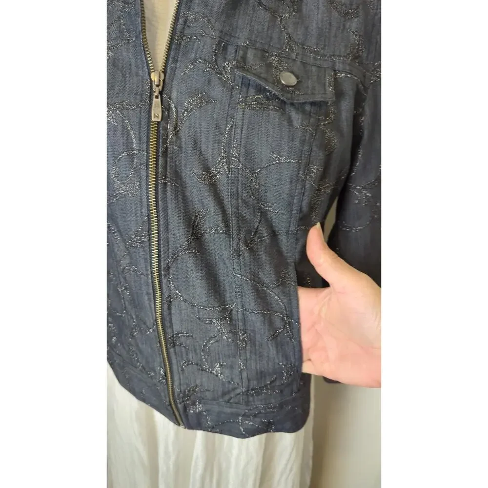 Boho Chic Dark Zip Up Denim Jacket Whimsical Embroidered Embellishment Size 12